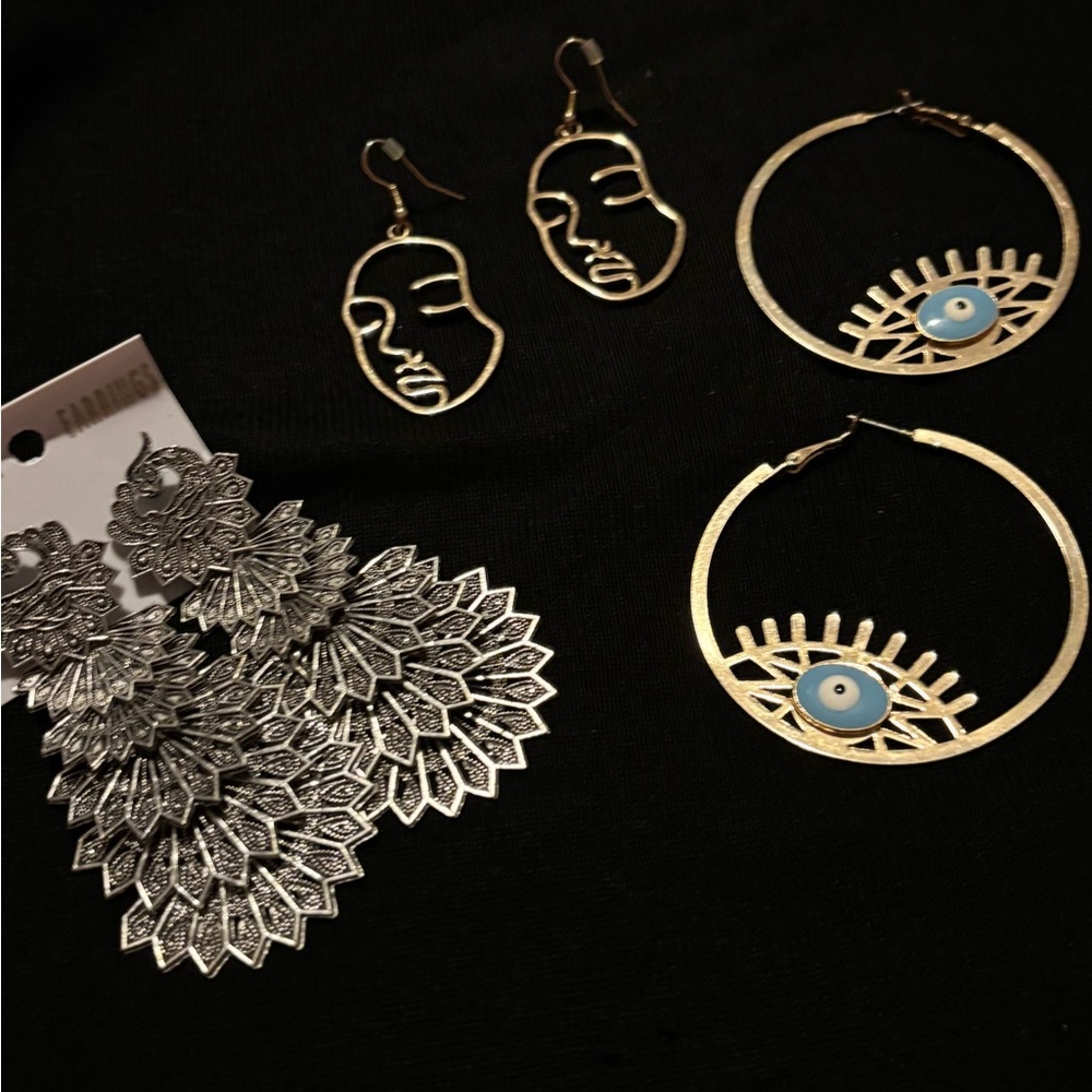 Gold and Silver Eye and Face Earrings Set